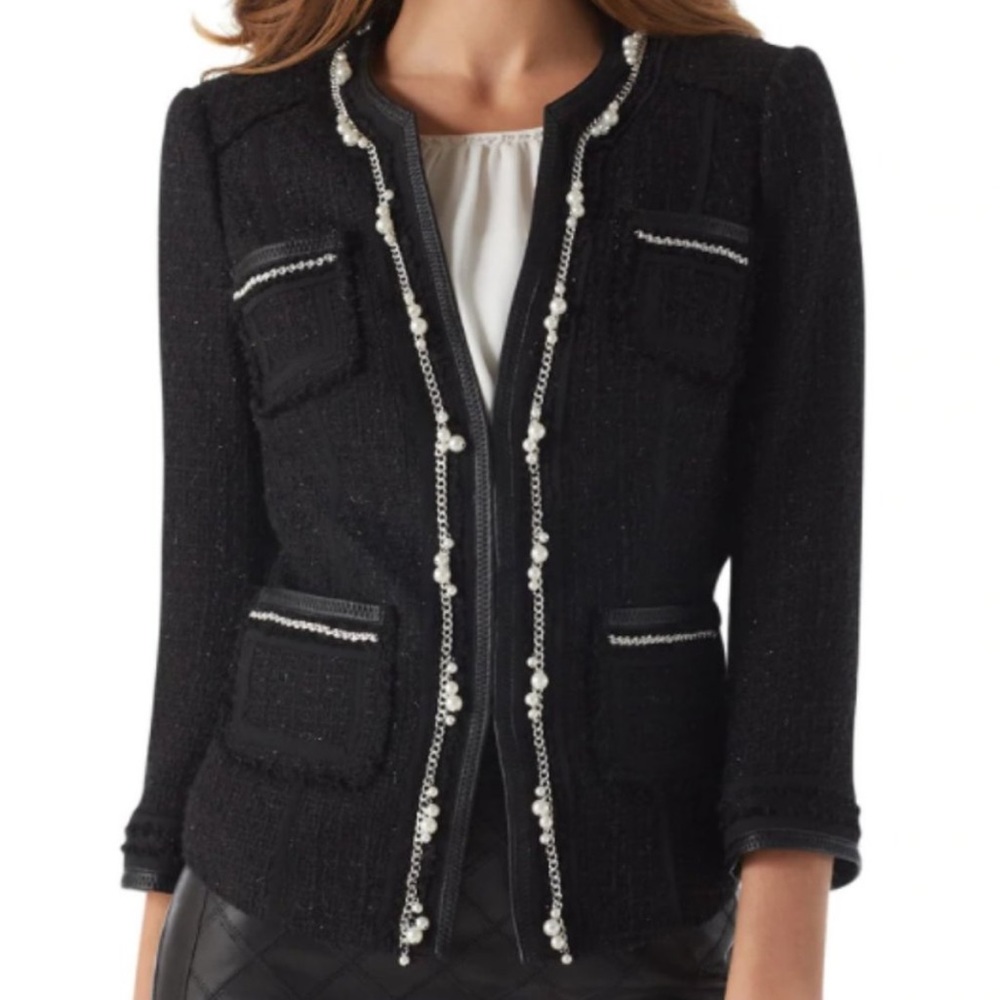 White House Black Market Little Black Jackets Tweed Faux Pearl Chain Details